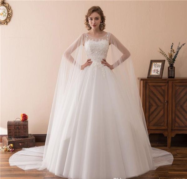 

2020 elegant new dresses o neck with appliques and wrap a line tulle long wedding party bride dresses for women wedding dresses, White