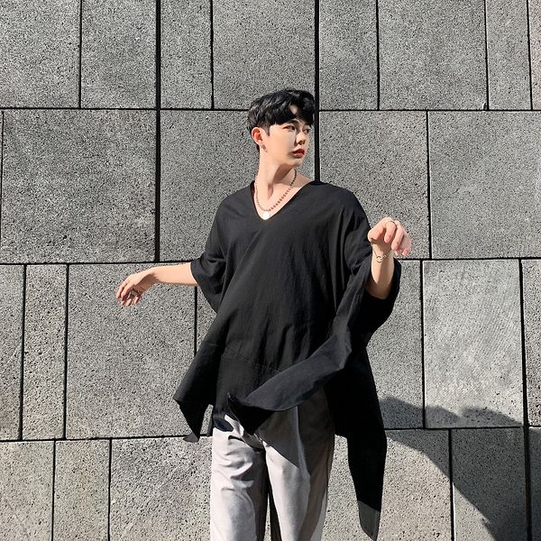 

men short sleeve oversize loose casual irregular t shirt cloak male women streetwear tshirt pullover tees shirts stage clothes, White;black