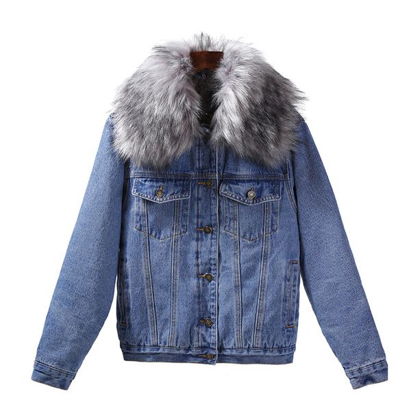 

lambswool thicken fur collar denim jacket winter warm women jean jackets lady coat long sleeve loose windbreaker female clothing, Black;brown