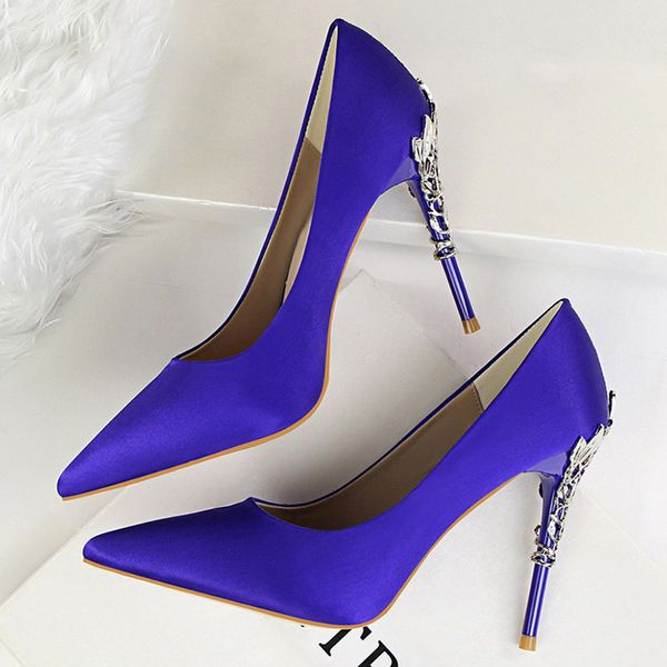 

2020 metal carving 10cm high heels shoes woman pointed toe silk pumps formal wedding satin scarpin lady green yellow blue shoes, Black