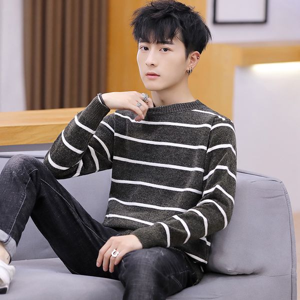 

2019 men comfortable fashion sweater stripes round neck sweaters, White;black