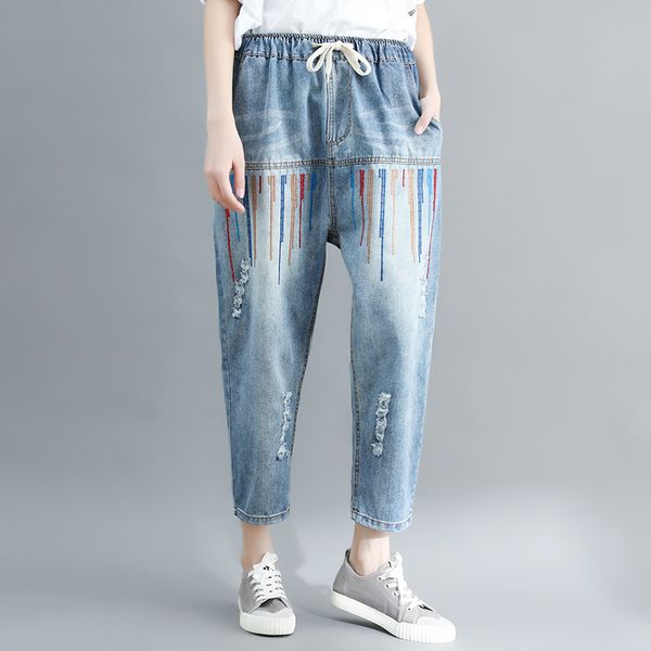 

women jeans denim pants bottoms trousers big loose oversized embroidery striped retro vintage fashion casual bo23131541, Blue