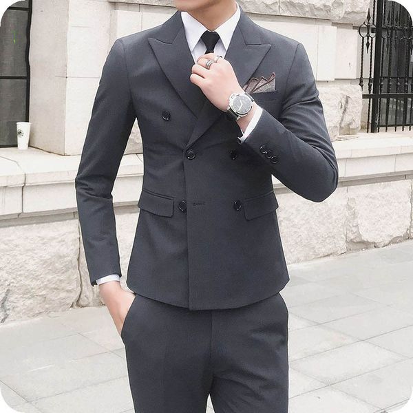 

fashion 2piece coat pants grey men suits for wedding groom tuxedos slim man blazer business jacket custom made costume homme terno masculino, Black;gray
