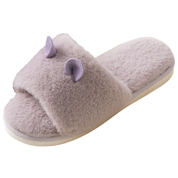 

women fur sliders slippers indoor new warm non-slip house slippers 2018 winter cotton unicorn short plush cat lovers, Black
