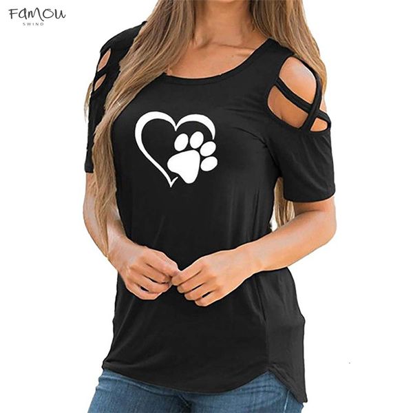 

Letter Cute Short Sleeve T Shoulder Shirt Women Summer Paw Printed Strappy Tee Shirt Casual Cold Tops Drop Shipping
