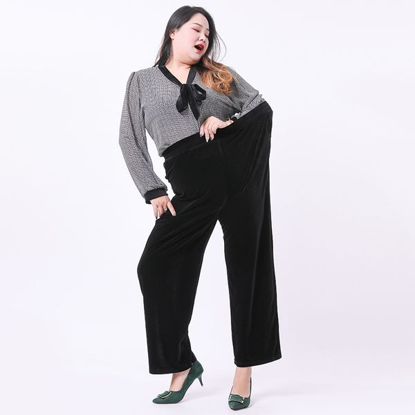 

women's pants & capris spring fall elegant velvet wide leg female high waist straight long trousers 5xl 6xl 7xl loose plus size sports, Black;white