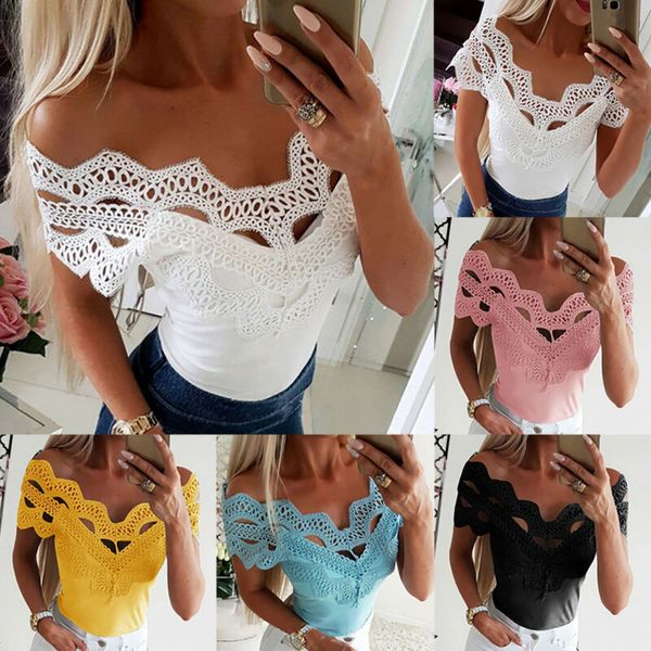 

Womens Lace Off Shoulder Summer T-Shirt Short Sleeve Casual Slim Blouse Tops Tee