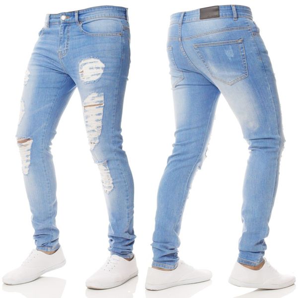 

casual distressed cotton jean men's pants brand vintage holes cool trousers summer plus size ripped jeans male clothes 2#, Blue