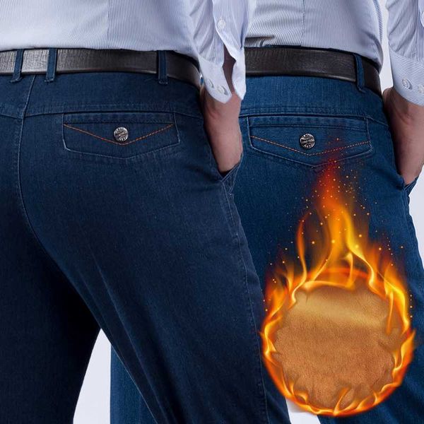 

2020 new jeans brand high waist straight autumn winter jeans warm flocking warm soft men activities fleece men, Blue