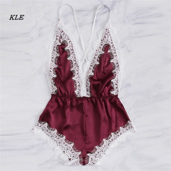 

sunsleepwear fashion sissy women lingerie girl v-neck lace splice bodysuit casual four season lady bodysuit 3l45, Red;black