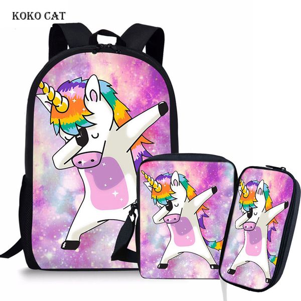 

custom unicorn backpack purse 3pcs set teenagers girls students school bags orthopedic satchel for children mochilas escolares