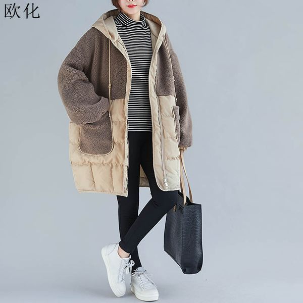 

large size down jacket for women long hooded lambswool overcoat parkas plus size cotton padded jacket parka mujer winter 2019, Black