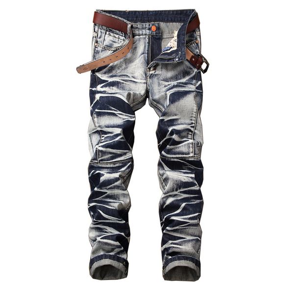 

men's ripped slim straight fit biker jeans with zipper decoration casual men slim hole zipper balck jeans pants, Blue