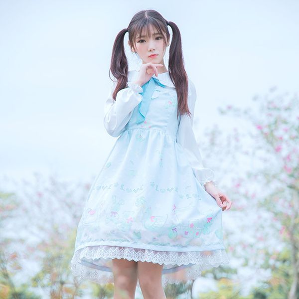 

lolita daily dress snow doll printing light and sweet sleeveless dress jsk sling white shirt, Black;red