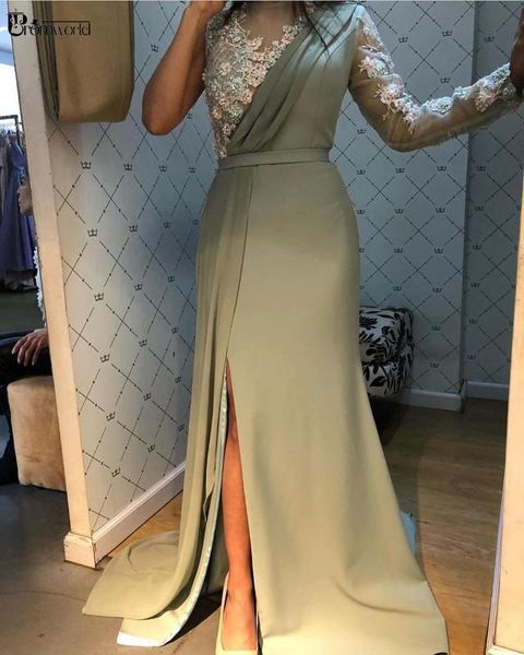 

mint long sleeve evening dress sheath flowers lace dubai saudi arabic evening gowns 2020 side slit prom dresses vestidos, White;black