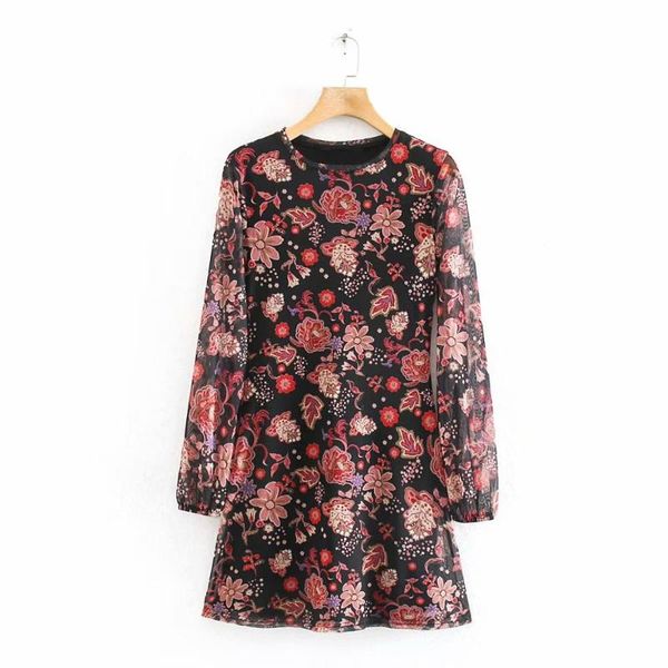 

new 2020 women vintage floral print mesh mini dress female o neck long sleeve vestidos chic casual slim a line dresses ds3238, Black;gray