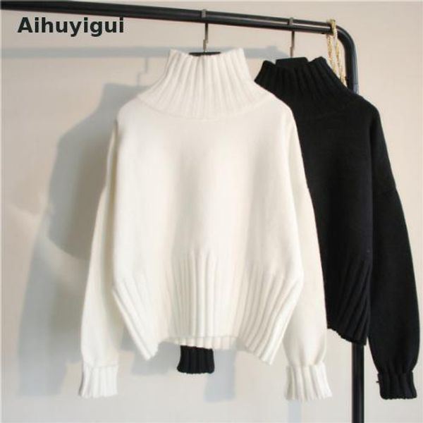 

aihuyigui 2019 women female autumn winter loose turtleneck pullover sweater sweet long sleeve white knit sweater pullover dr601, White;black
