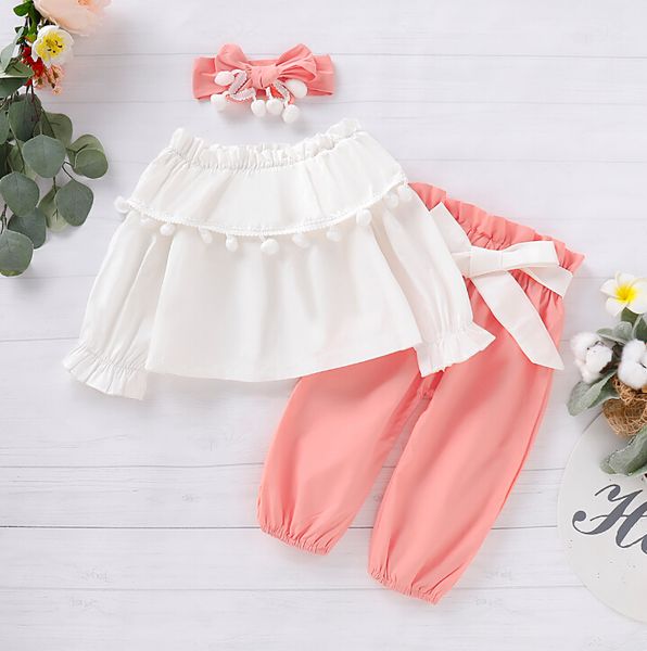 

toddler kids baby girl clothes tassel long flared sleeve off shoulder shirt pants headwear outfits chiffon girls clothes set, White