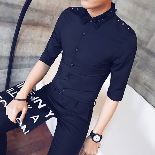 

party/prom tuxedo shirt men fashion 2020 summer lace decor collar shirts for men slim fit rivets shirts dress, White;black
