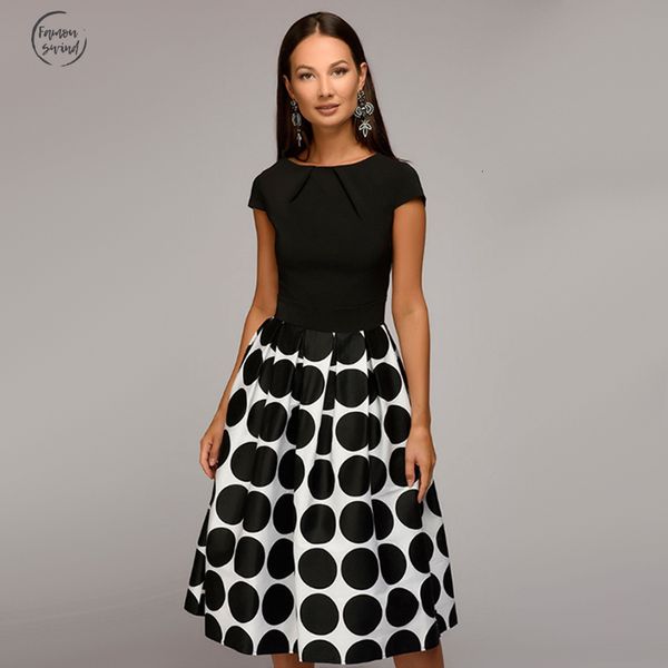 

платье партии женщины vintage dot печати линия o шеи с коротким рукавом fold new mid платье осени элегантная мода женский, Black;gray