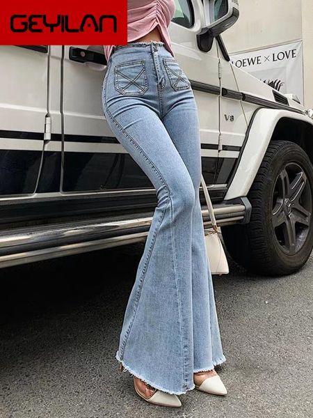 

sky blue high waisted horn jeans women elastic skinny jeans fashionable versatile long slim flared pants splicing and cut