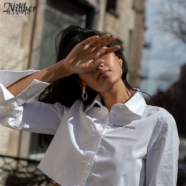 

nibber2020 spring summer office lady white crop women tshirt elegant street full sleeve basic casual embroidery tshirt mujer