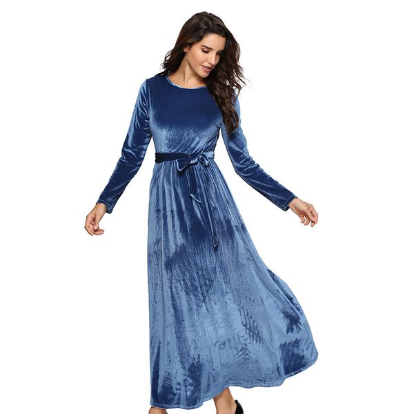 

winter women's velvet long sleeve ankle dress solid color round neck belt warm dress party formal z1128, Black;gray