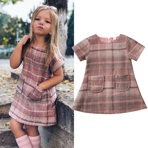 

children kids baby girls plaids dress a-line elegant girl pockets pageant dress cute short sleeve o-neck flared 1-6y, Red;yellow