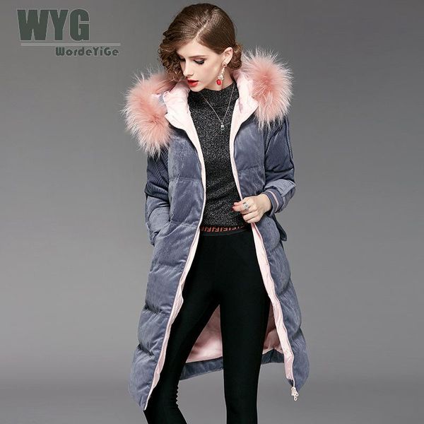

warm coat women outwear 2018 winter new wyg chic removable fur hooded grey blue striped ribbed female down jackets, Black