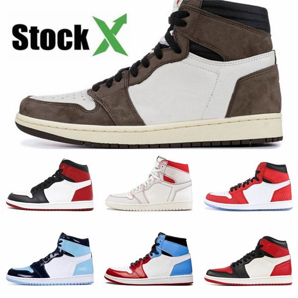 

og 1 high jumpman 1s men basketball shoes fearless royal blue crimson tint travis new love yellow toe sport sneaker #608