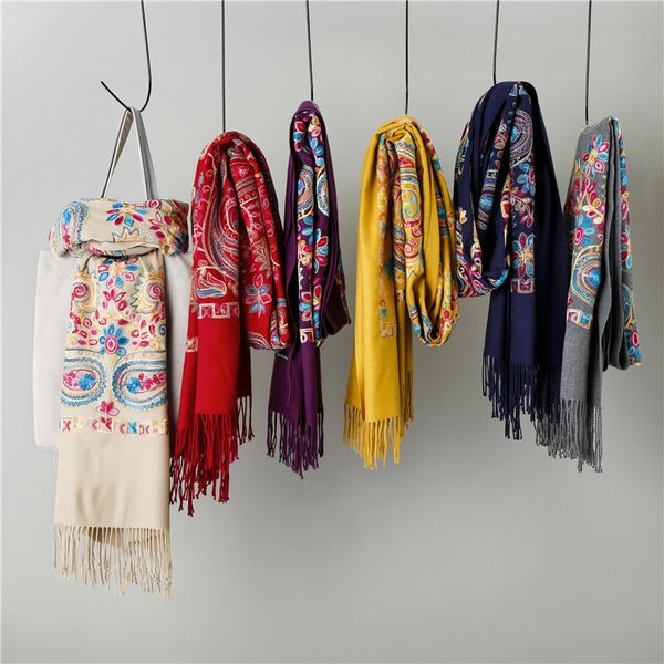 

brand new women embroider flower cashmere scarf winter warm 200*70cm tassels scarf oversize shawl fashion shawl scarves