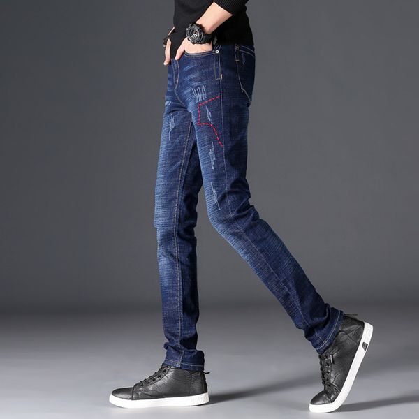 

2019 men's autumn and winter handsome embroidery stretch jeans trend four seasons quality jeans, Blue
