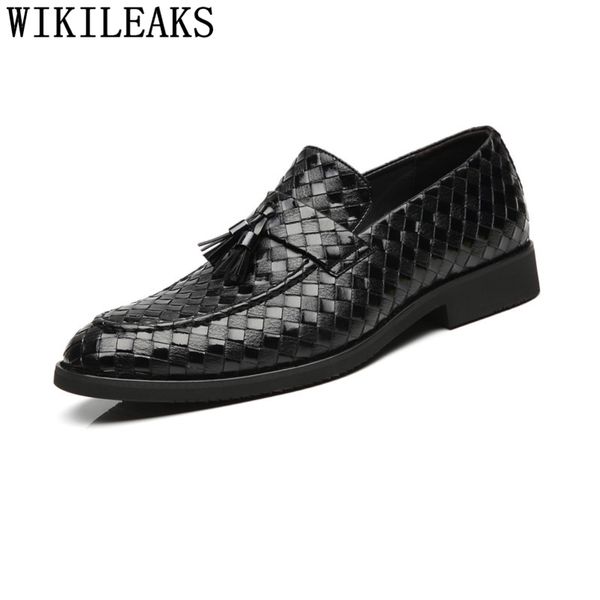 

designer men shoes formal mariage wedding dress shoes men leather woven loafers oxford for chaussures hommes en cuir, Black