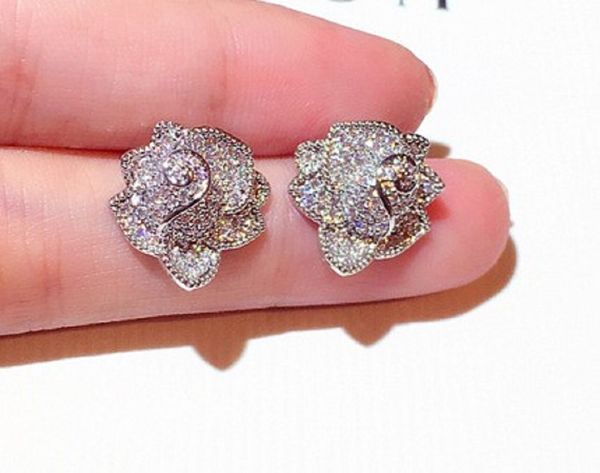 

fashion luxury designer classic elegant rose flower stud earrings for women girls super glittering zircon diamond crystal sivler post, Golden;silver