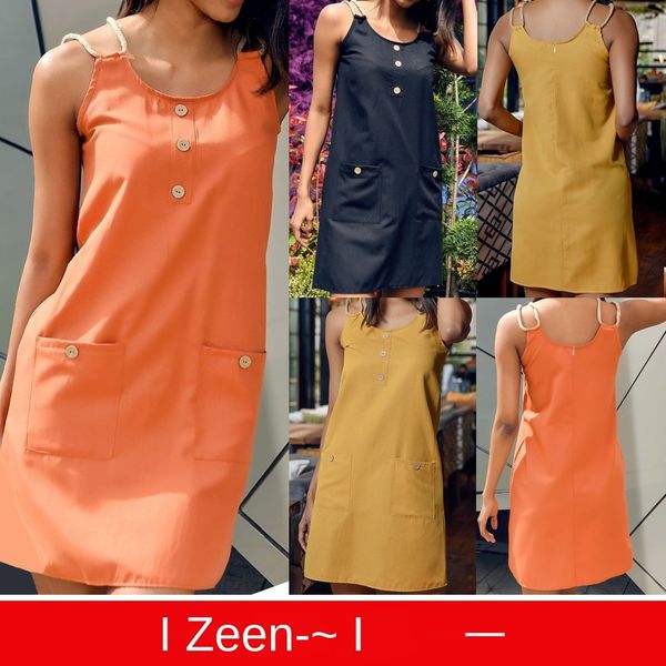 

женское дизайнерское платье лето без рукавов плетеная строчка кнопка карманное платье, Black;gray