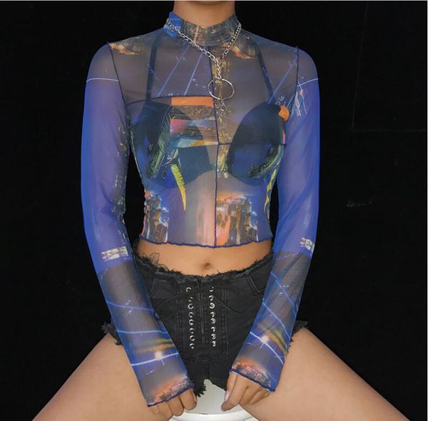 

new printed mesh see-through long-sleeved t-shirt, White
