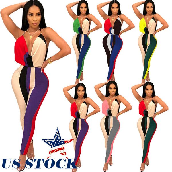 

us women strapped backless striped bodycon jumpsuit clubwear v neck multicolor, Black;white