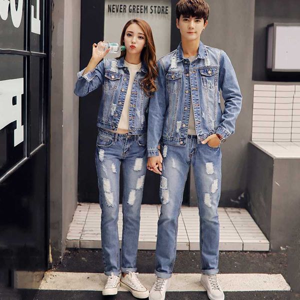 

2020 light blue ripped jeans sets men's casual hole denim jacket/jeans two-piece suit handsome couple suit plus size streetwear, Gray