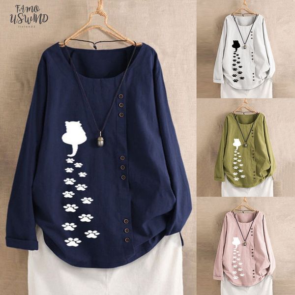 

2020 tshirt women plus size long sleeve cotton linen o neck cat print polyester t shirt haut poleras camiseta mujer top, White