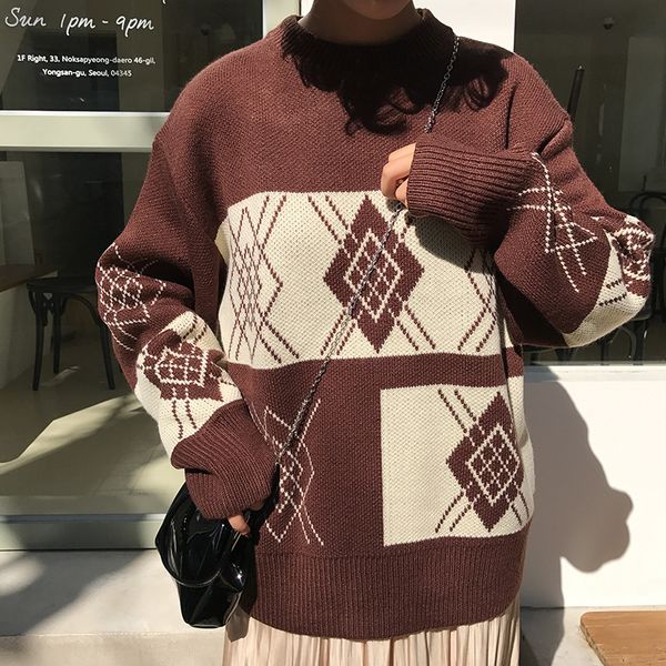 

women retro diamond plaid sweater female fashion warm round neck autumn winter loose sweaters knitted pullover, White;black