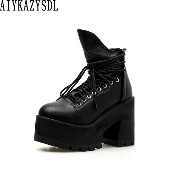 

aiykazysdl women corss strap shoes lace up gothic bootie thick sole bottom block chunky high heel platform shoes punk 2018, Black