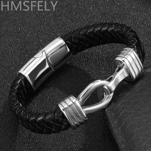 

hmsfely buckle design genuine wide braided red/black/brown leather bracelet men handmade cuff bangles magnetic clasp bracelet, White