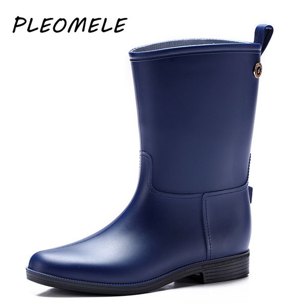 

women pvc rain boots mid-calf waterproof middle shoes water female rainboots slip on fashion non-slip low heels comfortable, Black