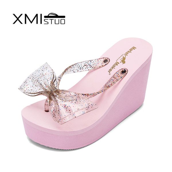 

xmistuo fashion women flip flops with bow female summer beach wedges water-resistant 10cm high-heeled slippers women's shoes, Black