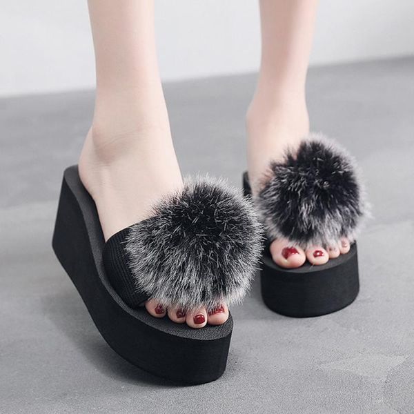 

fur slippers women real fur slides home furry flat sandals female cute fluffy house shoes woman 2020 new, Black