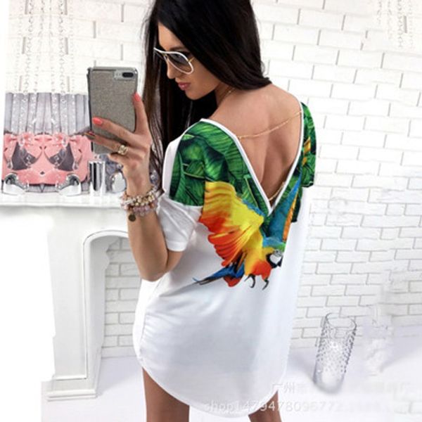 

womens fashion designer t-shirts women casual parrot print open-back short-sleeved t-shirt 2020 new arrival girls casual, White