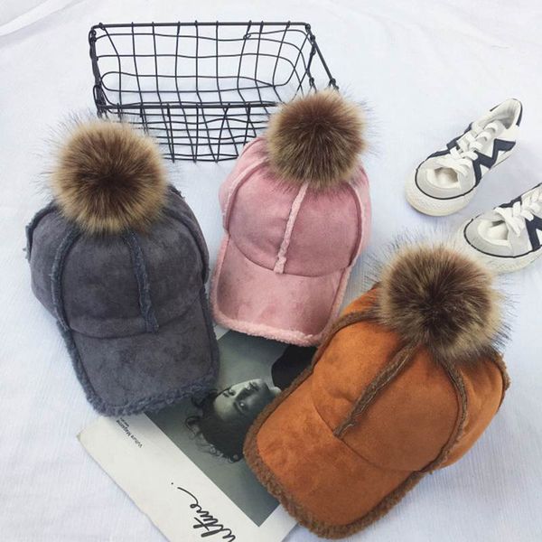 

winter suede baseball cap women faux fur pompom ball felt cap girl lady adjustable snapback hat, Blue;gray
