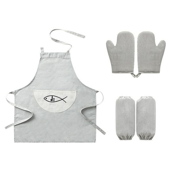 

1 set cotton linen apron kitchen oven mitts cooking sleeves for home restaurant bakery use (greyish white