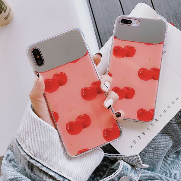 

for iphone xr xs max phone case cartoon cherry makeup mirror 6 7 8 x plus hard back soft side cell phone case