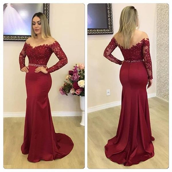 

burgundy 2019 mermaid mother of the bride dresses off the shoulder appliqued lace beads wedding guest dress long sleeve formal dress evening, Black;red